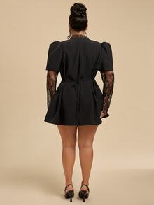 SHEIN BAE CURVE Plus Size Women Elegant Elegant Lace Button Blazer Fall - Black - View 5