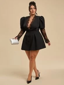 SHEIN BAE CURVE Plus Size Women Elegant Elegant Lace Button Blazer Fall - Black - View 3