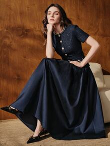 Anewsta Autumn/Winter Elegant Sophisticated Faux Sequins Trim Short Sleeve Sequin Tweed Dress For Party And Gathering - Navy Blue - View 3
