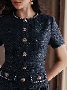Anewsta Autumn/Winter Elegant Sophisticated Faux Sequins Trim Short Sleeve Sequin Tweed Dress For Party And Gathering - Navy Blue - View 7