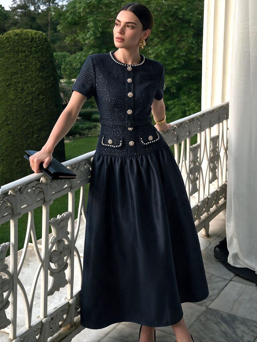 Anewsta Autumn/Winter Elegant Sophisticated Faux Sequins Trim Short Sleeve Sequin Tweed Dress For Party And Gathering - Navy Blue - View 1