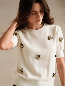 Anewsta 女款花瓣袖重裝飾水鑽針織上衣 T-shirt 情人節度假新年穿搭 - 白色 - 查看 1