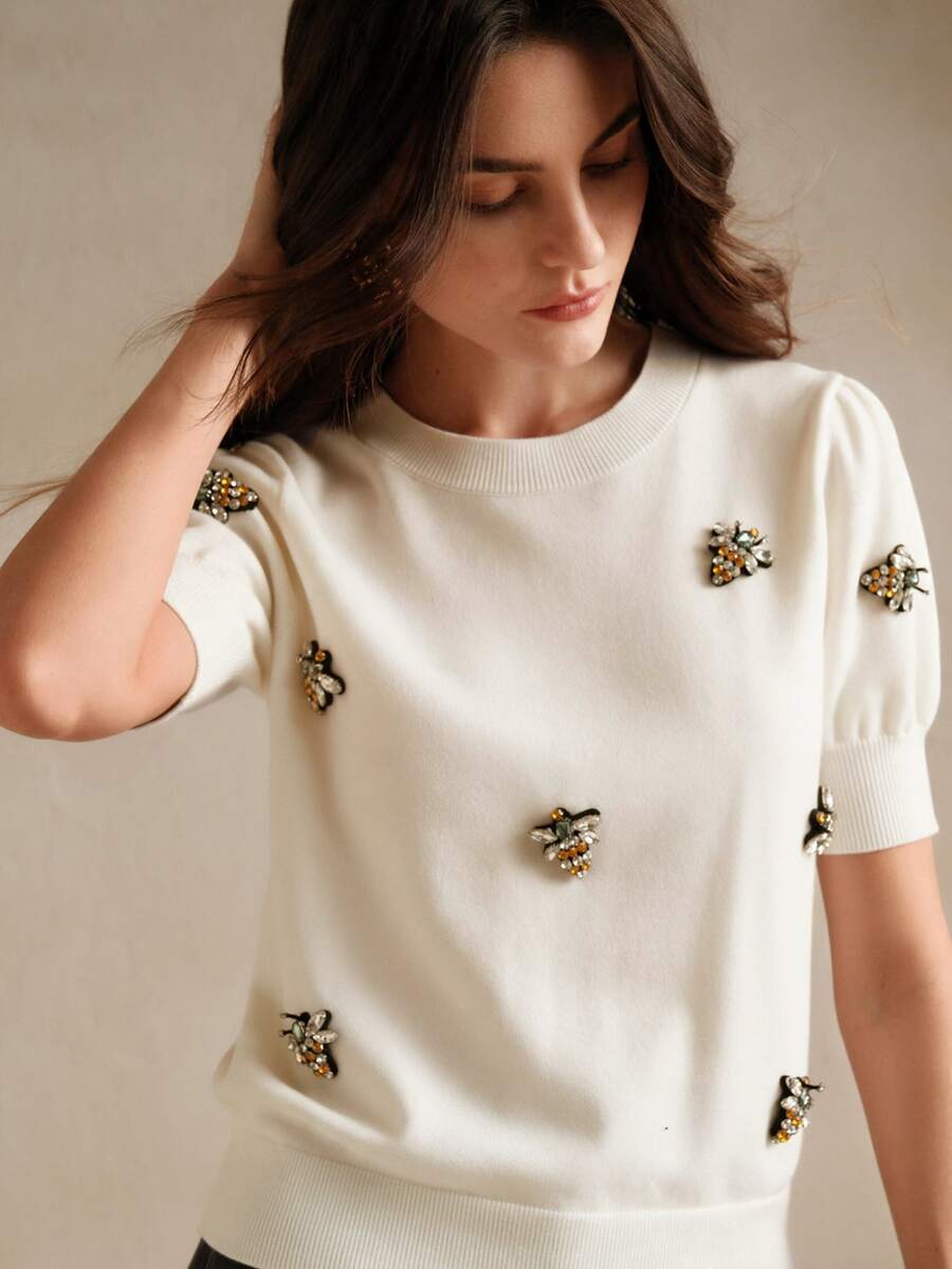Anewsta 女款花瓣袖重裝飾水鑽針織上衣 T-shirt 情人節度假新年穿搭 - 白色 - 查看 1