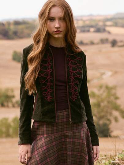 Nöista Romantic Vintage Velvet  Jacket With Burgundy Braiding, A Classic Silhouette And Sophisticated  Renaissance Inspired Elegance.