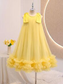 SHEIN Elegant Cute Fashion Ruffled Pearl Decor Mesh Girls Dress Wedding Flower Girl Flowergirl Party Yellow Summer - Yellow - View 4