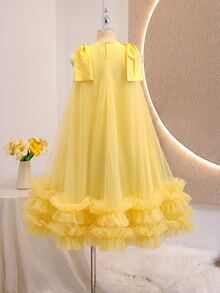 SHEIN Elegant Cute Fashion Ruffled Pearl Decor Mesh Girls Dress Wedding Flower Girl Flowergirl Party Yellow Summer - Yellow - View 2