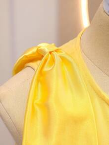 SHEIN Elegant Cute Fashion Ruffled Pearl Decor Mesh Girls Dress Wedding Flower Girl Flowergirl Party Yellow Summer - Yellow - View 6