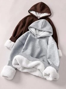 SHEIN Teen Girls Casual Streetwear Fleece Hooded Sweatshirt, Suitable For School And Daily Wear - Grey - View 1