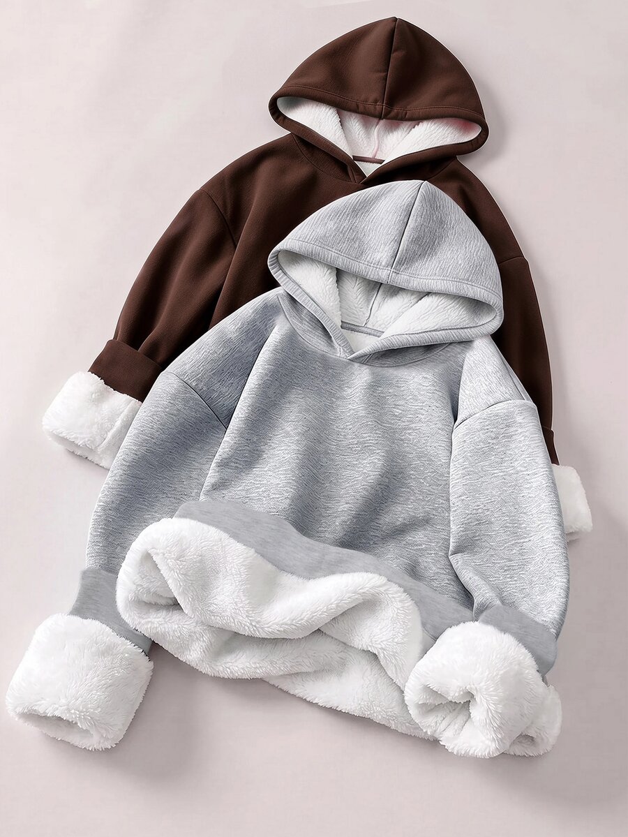 SHEIN Teen Girls Casual Streetwear Fleece Hooded Sweatshirt, Suitable For School And Daily Wear - Grey - View 1