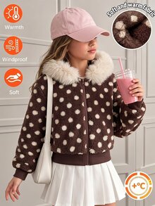 SHEIN Sparklyn 青少年女孩長袖拉鍊連帽黑色夾克，萬聖節秋季校園 Y2K 街頭風 - 棕色 - 查看 2