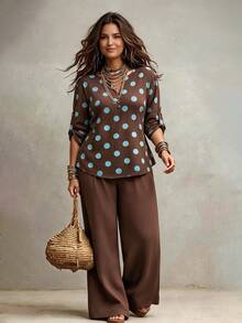 Weeklong Plus Size Polka Dot Raglan Sleeve Blouse & Wide Leg Pants Casual Set Fall - Multicolor - View 1
