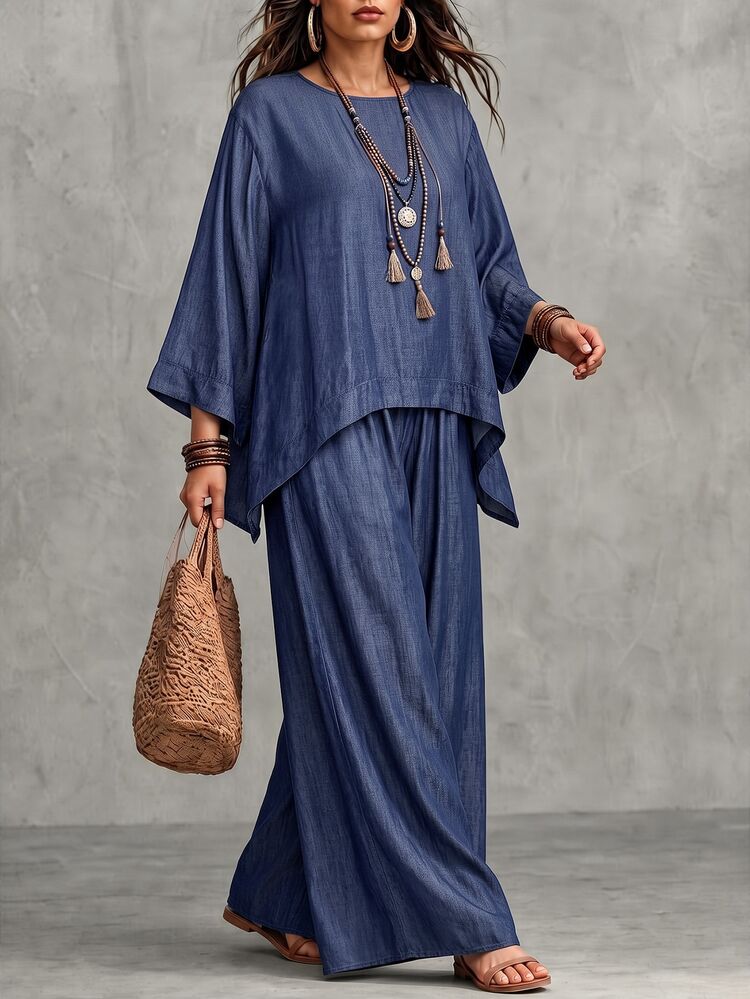 Linhara CURVE Plus Size Women Asymmetric Hem Loose Blouse And Wide Leg Pants Casual 2 Pieces Set Fall - Multicolor - View 3