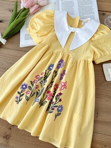 SHEIN LMoss Kids 女童法式優雅花卉印花拼色領花瓣袖洋裝 - 彩色 - 查看 4