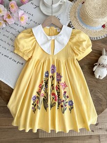 SHEIN LMoss Kids 女童法式優雅花卉印花拼色領花瓣袖洋裝 - 彩色 - 查看 5