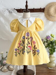 SHEIN LMoss Kids 女童法式優雅花卉印花拼色領花瓣袖洋裝 - 彩色 - 查看 2