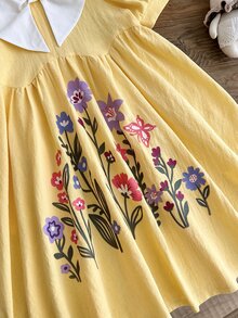 SHEIN LMoss Kids 女童法式優雅花卉印花拼色領花瓣袖洋裝 - 彩色 - 查看 6