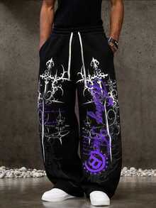 ROMWE MEN Street Life Men's Plus Size Gothic Print Drawstring Waist Pocket Loose Sweatpants - Black - View 3