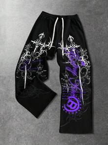 ROMWE MEN Street Life Men's Plus Size Gothic Print Drawstring Waist Pocket Loose Sweatpants - Black - View 5