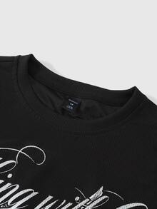 ROMWE MEN Street Life Men's Loose Fit Long Sleeve T-Shirt With Angel Print - Black - View 3