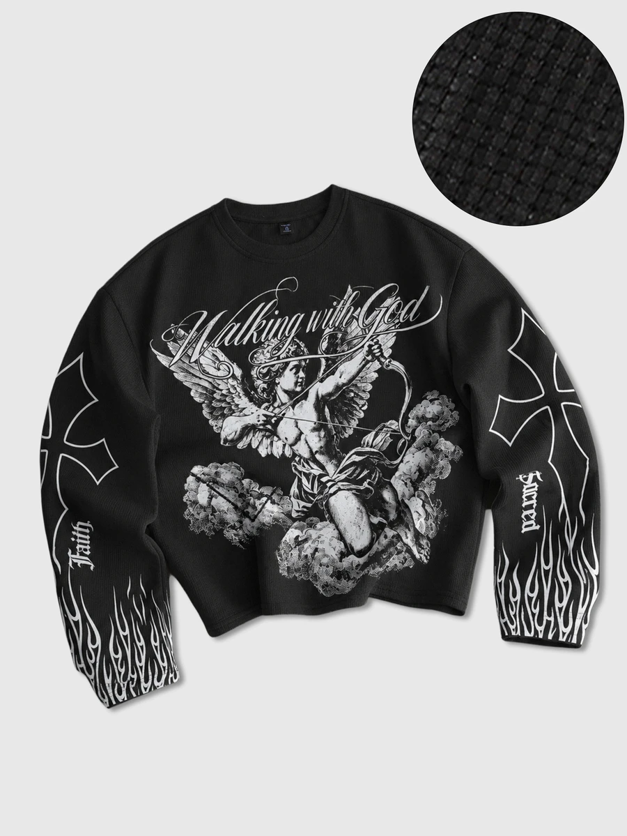 ROMWE MEN Street Life Men's Loose Fit Long Sleeve T-Shirt With Angel Print - Black - View 1