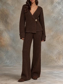 Selianne Women's Soft Loose Knit Cardigan Wide Leg Pants 2 Pieces Set Thanksgiving Brunch Dinner Dark Brown Fall Elegant - Coffee Brown - View 4