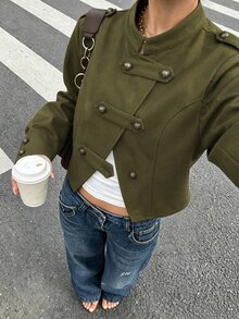 SHEIN LUNE Áo khoác nữ trang trí cúc Napoleon, áo khoác màu trơn mặc đi làm hằng ngày - xanh quân đội - Xem 4