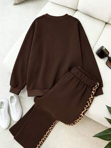 Franclia New Vintage Leopard Print Ribbon Round Neck Sweatshirt Women Loose Slimming Casual Patchwork Brown Long Sleeve Sweatshirt Wide Leg Side Leopard Stripe Sweatpants 2-Piece Set - Coffee Brown - View 2