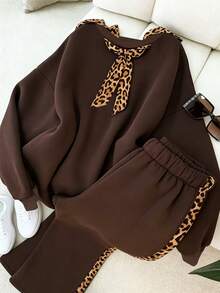 Franclia New Vintage Leopard Print Ribbon Round Neck Sweatshirt Women Loose Slimming Casual Patchwork Brown Long Sleeve Sweatshirt Wide Leg Side Leopard Stripe Sweatpants 2-Piece Set - Coffee Brown - View 3