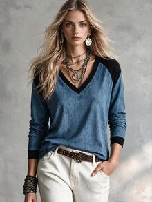 Trelyra Women's Fall/Winter Blue Black Panel V-Neck Long-Sleeve T-Shirt,Drop Shoulder Loose Print Top,Chic Occasion Wear For Daily Outing Vacation - Blue - View 3