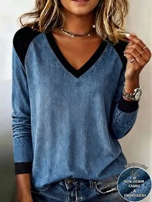 Trelyra Women's Fall/Winter Blue Black Panel V-Neck Long-Sleeve T-Shirt,Drop Shoulder Loose Print Top,Chic Occasion Wear For Daily Outing Vacation - Blue - View 4