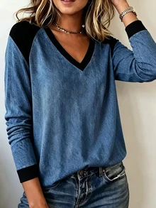 Trelyra Women's Fall/Winter Blue Black Panel V-Neck Long-Sleeve T-Shirt,Drop Shoulder Loose Print Top,Chic Occasion Wear For Daily Outing Vacation - Blue - View 8