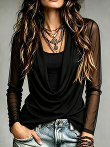 Trelyra Women's New Sexy Ruched Cowl Neck Slim Fit Blouse, Deep V Draped Neck Long Sleeve Elegant Versatile Top - Black - View 7