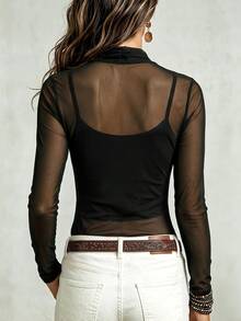 Trelyra Women's New Sexy Ruched Cowl Neck Slim Fit Blouse, Deep V Draped Neck Long Sleeve Elegant Versatile Top - Black - View 2