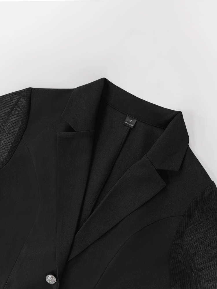 Trelyra Women's Fall Commute Sharp Black Lapel Mesh Patchwork Zip Blazer, Long-Sleeve Waisted Pocket Jacket, Chic Elegant Office Night Out Party - Black - View 6