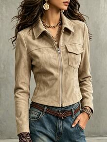 Trelyra Women's Fashion Faux Suede Lapel Zipper Long Sleeve Multi-Pocket Utility Style Short Thin Jacket Suitable For Daily Outings Shopping Dating Casual - Khaki - View 9