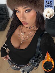 Coolane 女款秋冬萬聖節休閒基礎款純色 34%棉假日居家彈性舒適時尚保暖黑色長袖V領T恤 - 黑色 - 查看 2