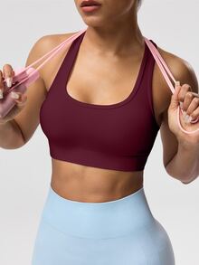 SHEIN Sports Women's Solid Color Sleeveless Cropped Athletic Athleisure Fitted Yoga Racerback Tank Top Gym Burgundy Summer - Burgundy - View 11