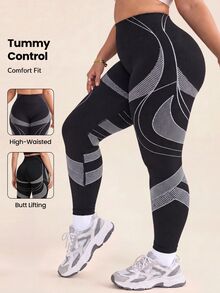 SHEIN Plus Size Women's Colorblock Casual Curve Kawaii Daily Wear Sports Tight Leggings Gym Black Fall - Black - View 6
