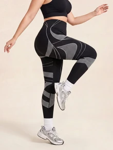 SHEIN Plus Size Women's Colorblock Casual Curve Kawaii Daily Wear Sports Tight Leggings Gym Black Fall - Black - View 5