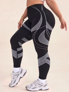 SHEIN Plus Size Women's Colorblock Casual Curve Kawaii Daily Wear Sports Tight Leggings Gym Black Fall - Black - View 2