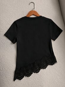 SHEIN Sparklyn 青少年女孩黑色圓領短袖T恤 波浪睫毛蕾絲下擺 不對稱斜裁 修身夏季疊穿上衣 正式派對休閒款 - 黑色 - 查看 2