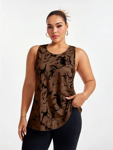 SHEIN Rhythm Era Plus Size Women's All-Over Print Casual Versatile Daily Travel Sports T-Shirt - Coffee Brown - View 13