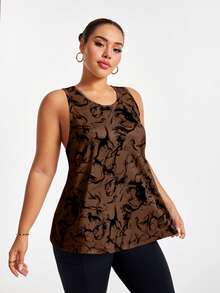 SHEIN Rhythm Era Plus Size Women's All-Over Print Casual Versatile Daily Travel Sports T-Shirt - Coffee Brown - View 3