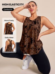 SHEIN Rhythm Era Plus Size Women's All-Over Print Casual Versatile Daily Travel Sports T-Shirt - Coffee Brown - View 9