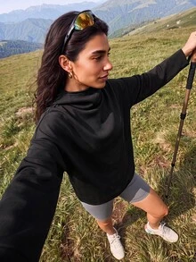Exploreva Women's Long Sleeve Black Hooded Thermal Lined Sweatshirt - Black - View 3