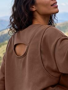 Exploreva Women's Brown Drop Shoulder Long Sleeve Hollow Back Sports Sweatshirt - Brown - View 4
