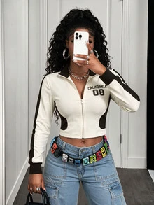 BamGleam Women's Colorblock Cropped Stand Collar Jacket CALIFORNIA08 Letter Print Zipper Slim Fit Sporty Cardigan Travel Everyday Off-White Fall Streetwear - Apricot - View 10