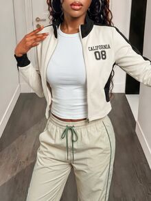 BamGleam Women's Colorblock Cropped Stand Collar Jacket CALIFORNIA08 Letter Print Zipper Slim Fit Sporty Cardigan Travel Everyday Off-White Fall Streetwear - Apricot - View 5
