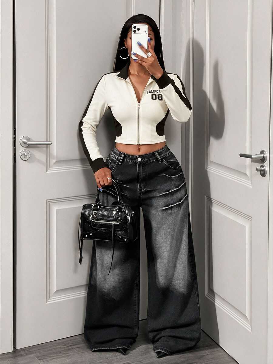 BamGleam Women's Colorblock Cropped Stand Collar Jacket CALIFORNIA08 Letter Print Zipper Slim Fit Sporty Cardigan Travel Everyday Off-White Fall Streetwear