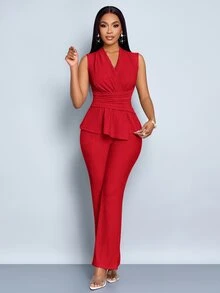 SOLERSUN Elegant Workwear Waist-Cinching Suit - Red - View 4